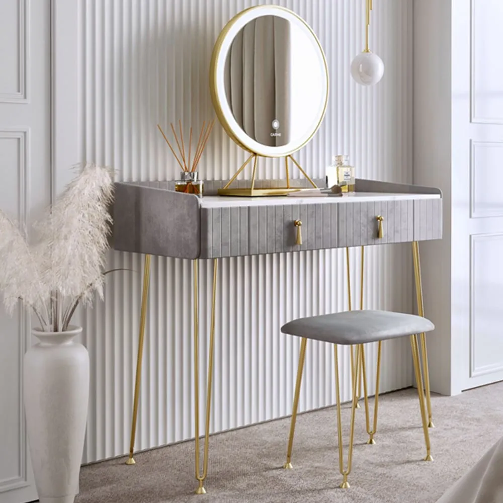 CARME Home 2 Drawer Dressing Table Set with LED Mirror - Grey, Velvet