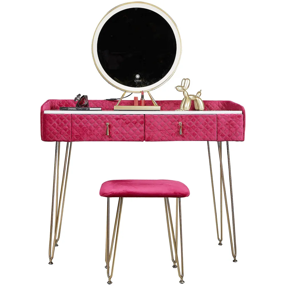 CARME Home 2 Drawer Dressing Table Set with LED Mirror - Red, Velvet