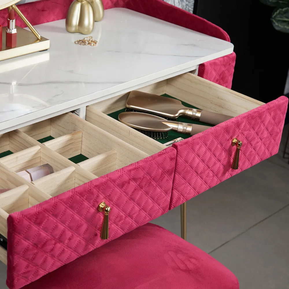 CARME Home 2 Drawer Dressing Table Set with LED Mirror - Red, Velvet