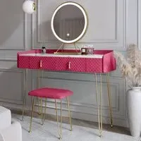 CARME Home 2 Drawer Dressing Table Set with LED Mirror - Red, Velvet