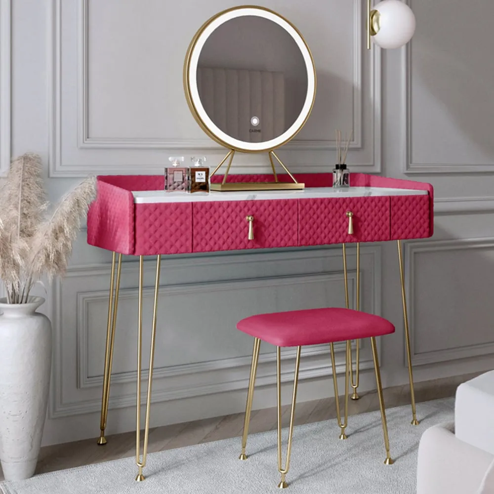 CARME Home 2 Drawer Dressing Table Set with LED Mirror - Red, Velvet