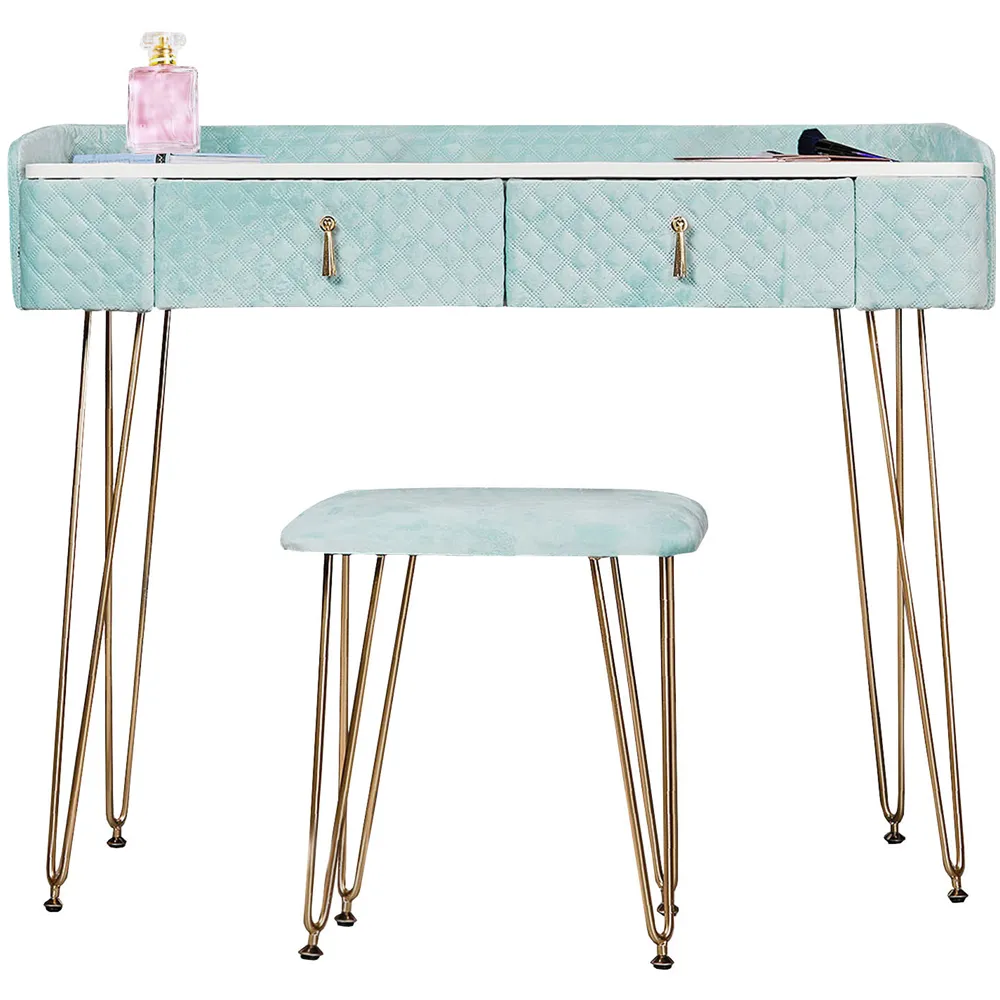 CARME Home 2 Drawer Dressing Table with Stool Set - Blue, Velvet