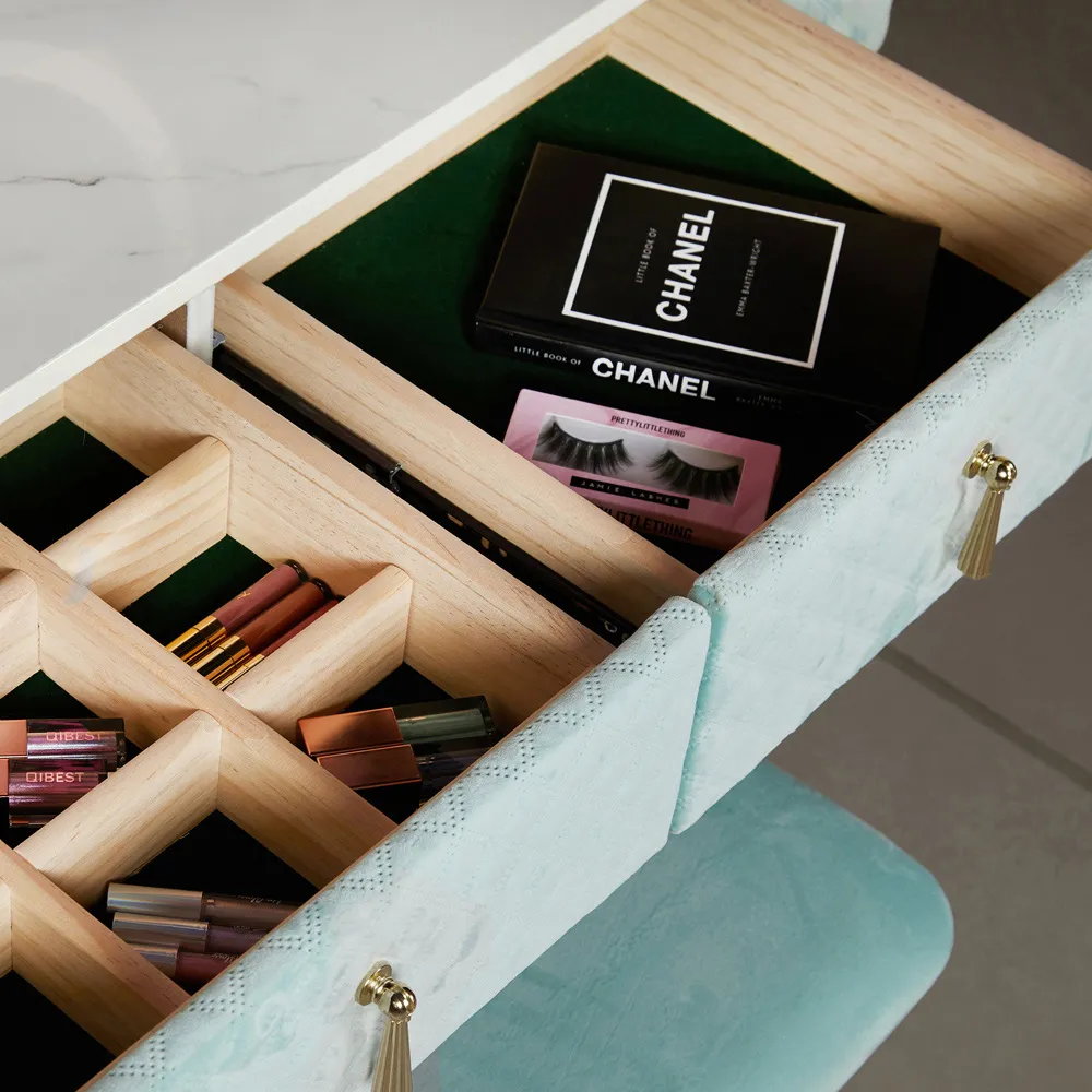 CARME Home 2 Drawer Dressing Table with Stool Set - Blue, Velvet