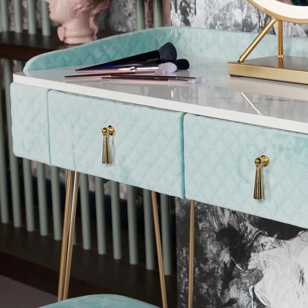 CARME Home 2 Drawer Dressing Table with Stool Set - Blue, Velvet