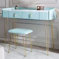 CARME Home 2 Drawer Dressing Table with Stool Set - Blue, Velvet