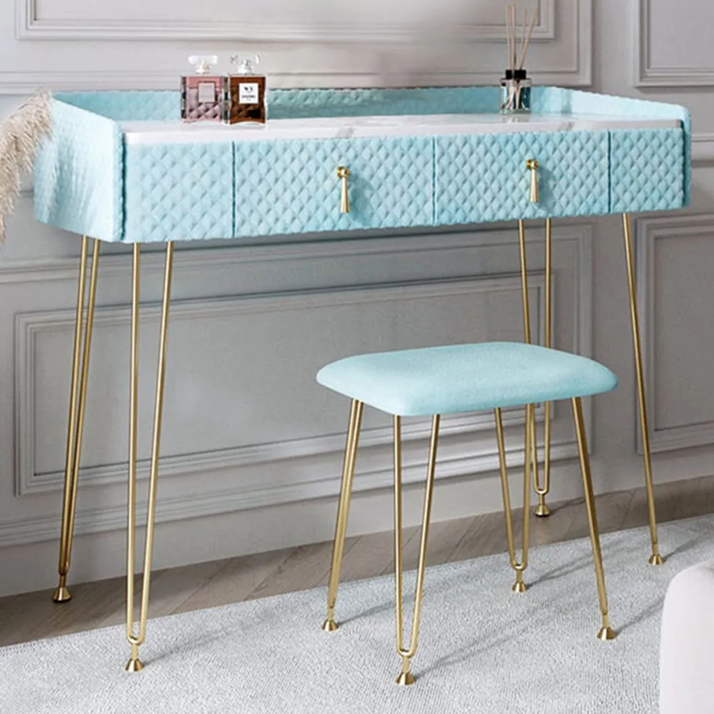 CARME Home 2 Drawer Dressing Table with Stool Set - Blue, Velvet image