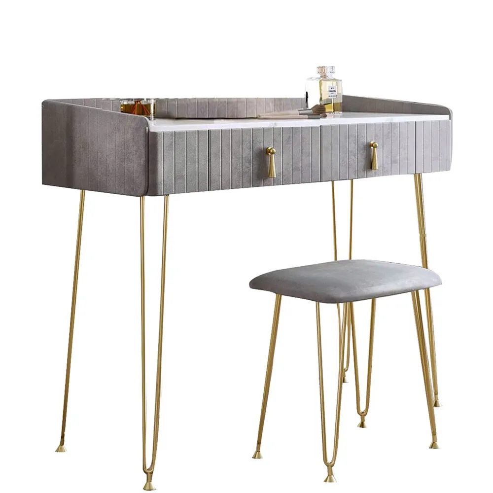 CARME Home 2 Drawer Dressing Table with Stool Set - Grey, Velvet