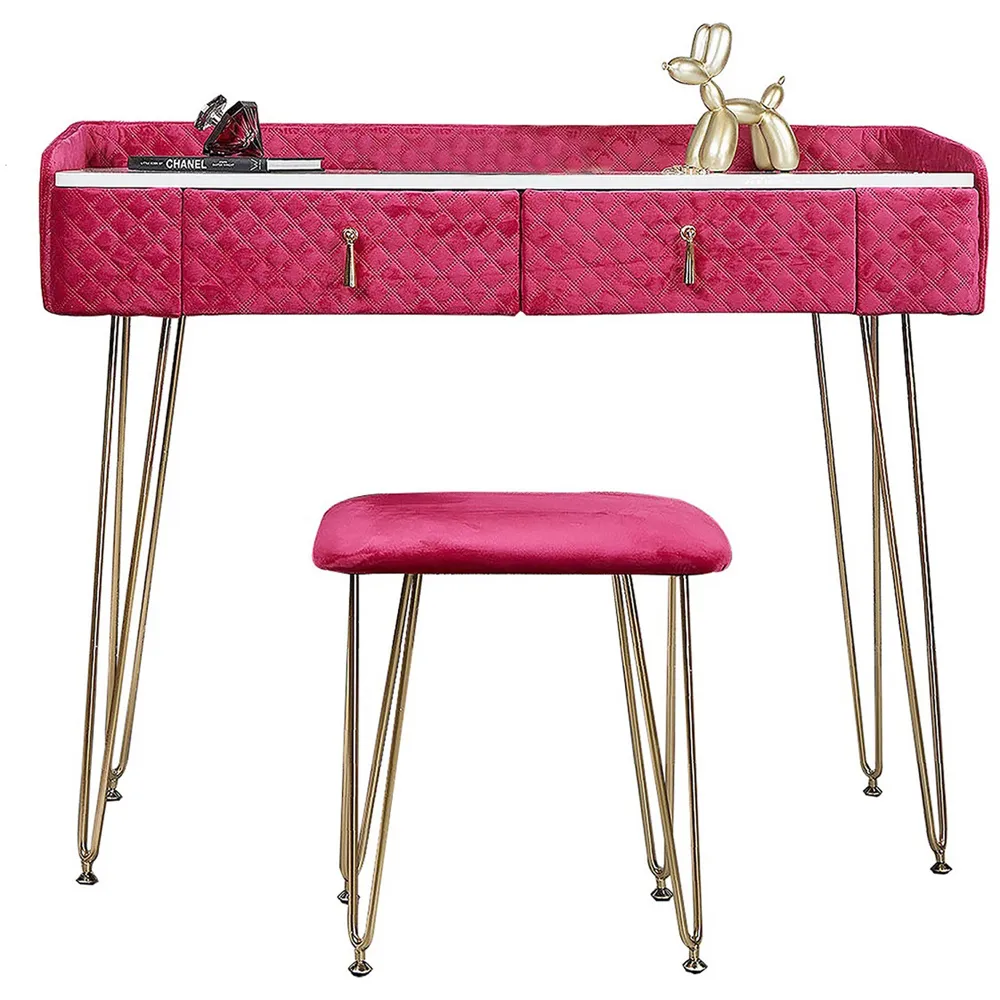 CARME Home 2 Drawer Dressing Table with Stool Set - Red, Velvet
