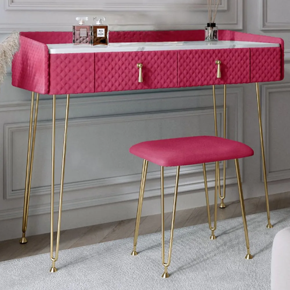 CARME Home 2 Drawer Dressing Table with Stool Set - Red, Velvet