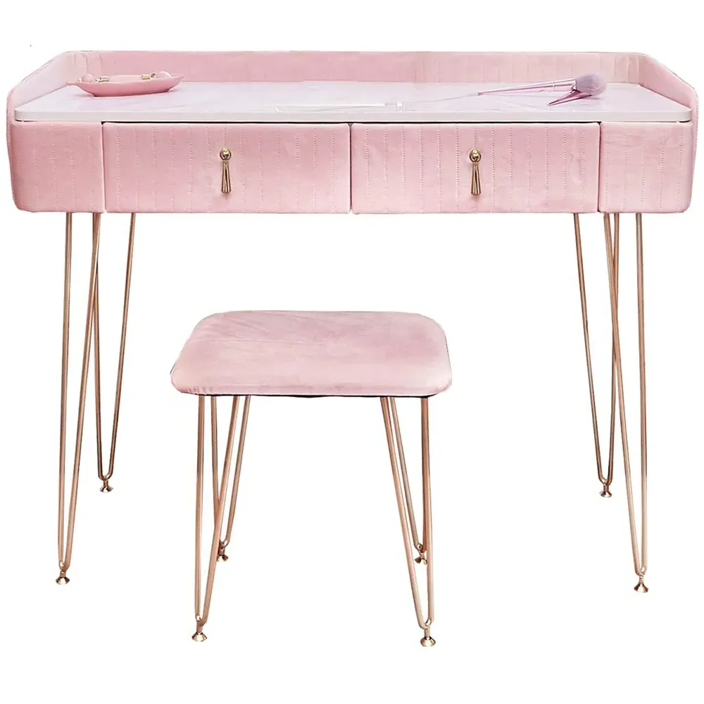 CARME Home Dressing Table with Stool Set - Pink, Velvet