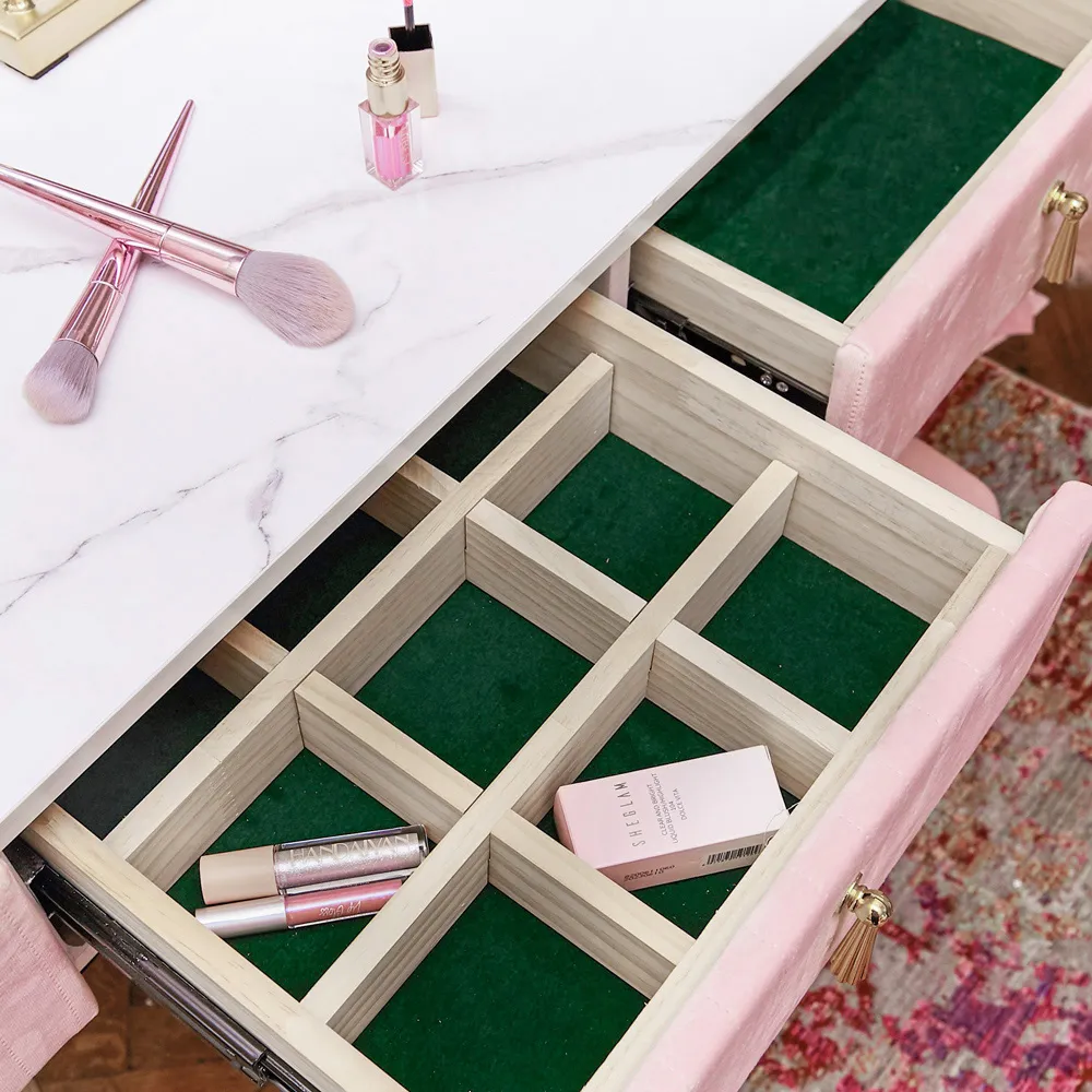 CARME Home Dressing Table with Stool Set - Pink, Velvet