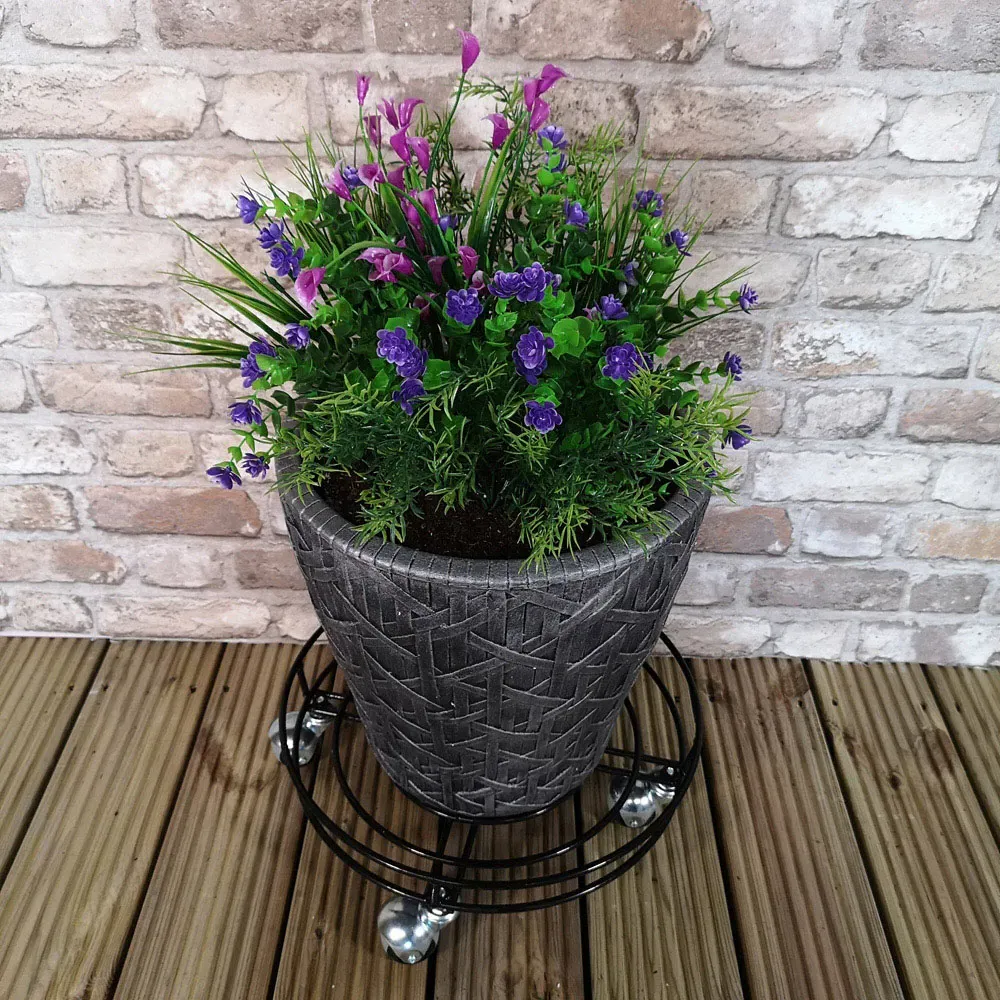 Round Garden Pot Stand with Wheels - Black, Metal