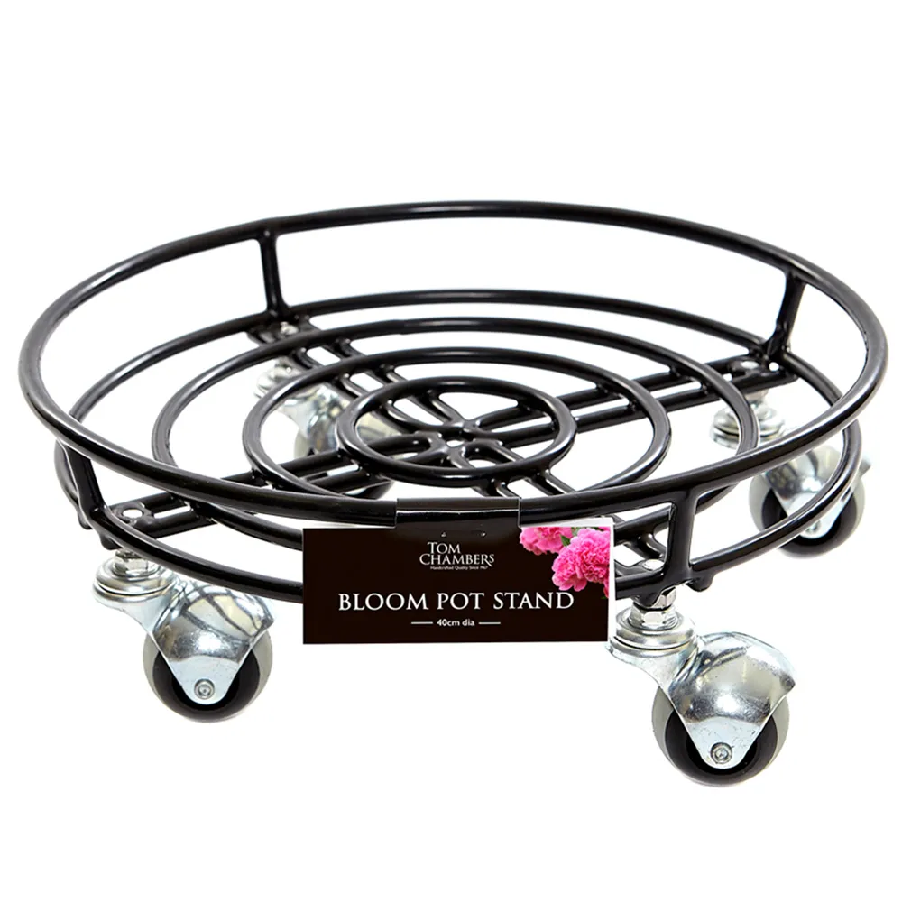 Round Garden Pot Stand with Wheels - Black, Metal