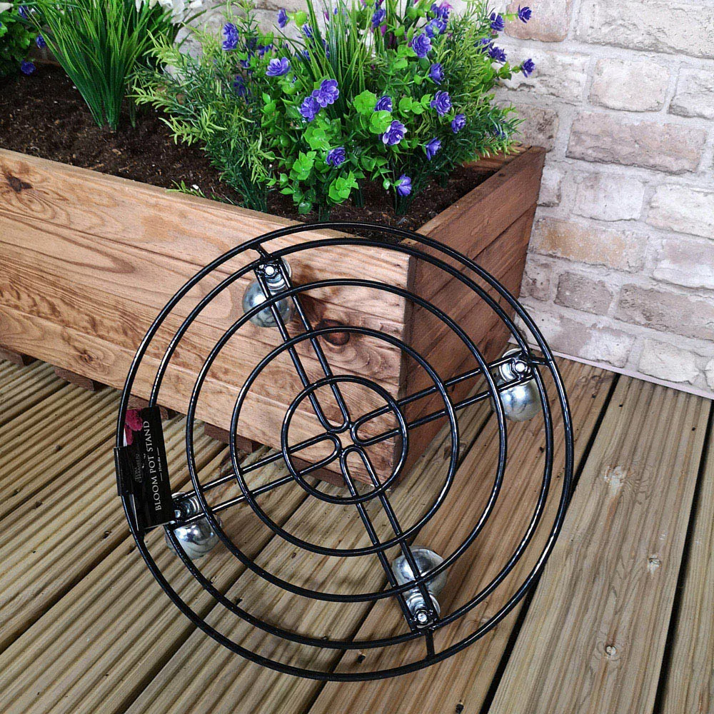 Round Garden Pot Stand with Wheels - Black, Metal