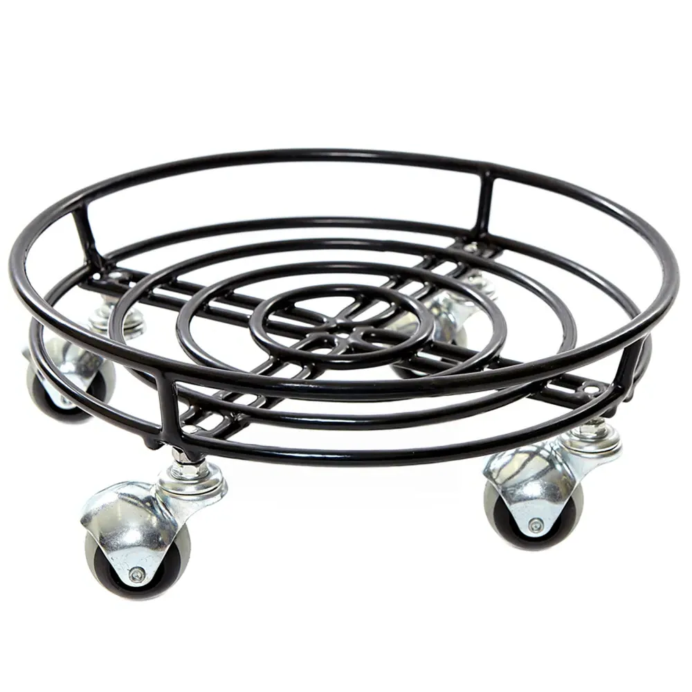 Round Garden Pot Stand with Wheels - Black, Metal image