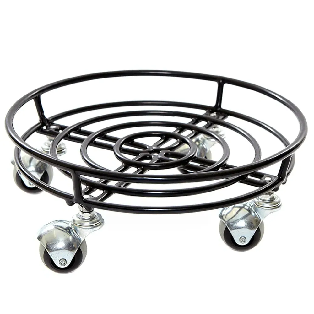 Round Garden Pot Stand with Wheels - Black, Metal