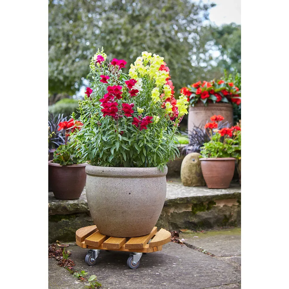 Round Garden Pot Stand with Wheels - Brown, Wood