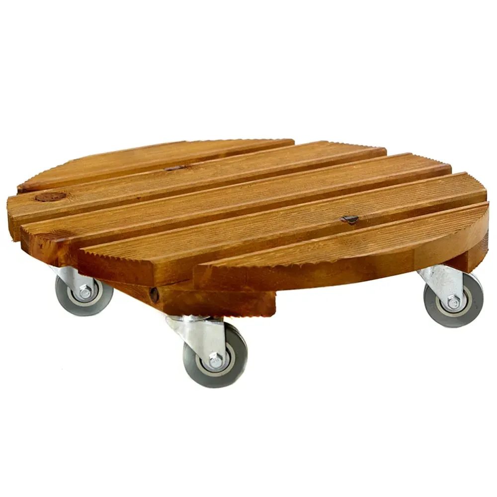 Round Garden Pot Stand with Wheels - Brown, Wood