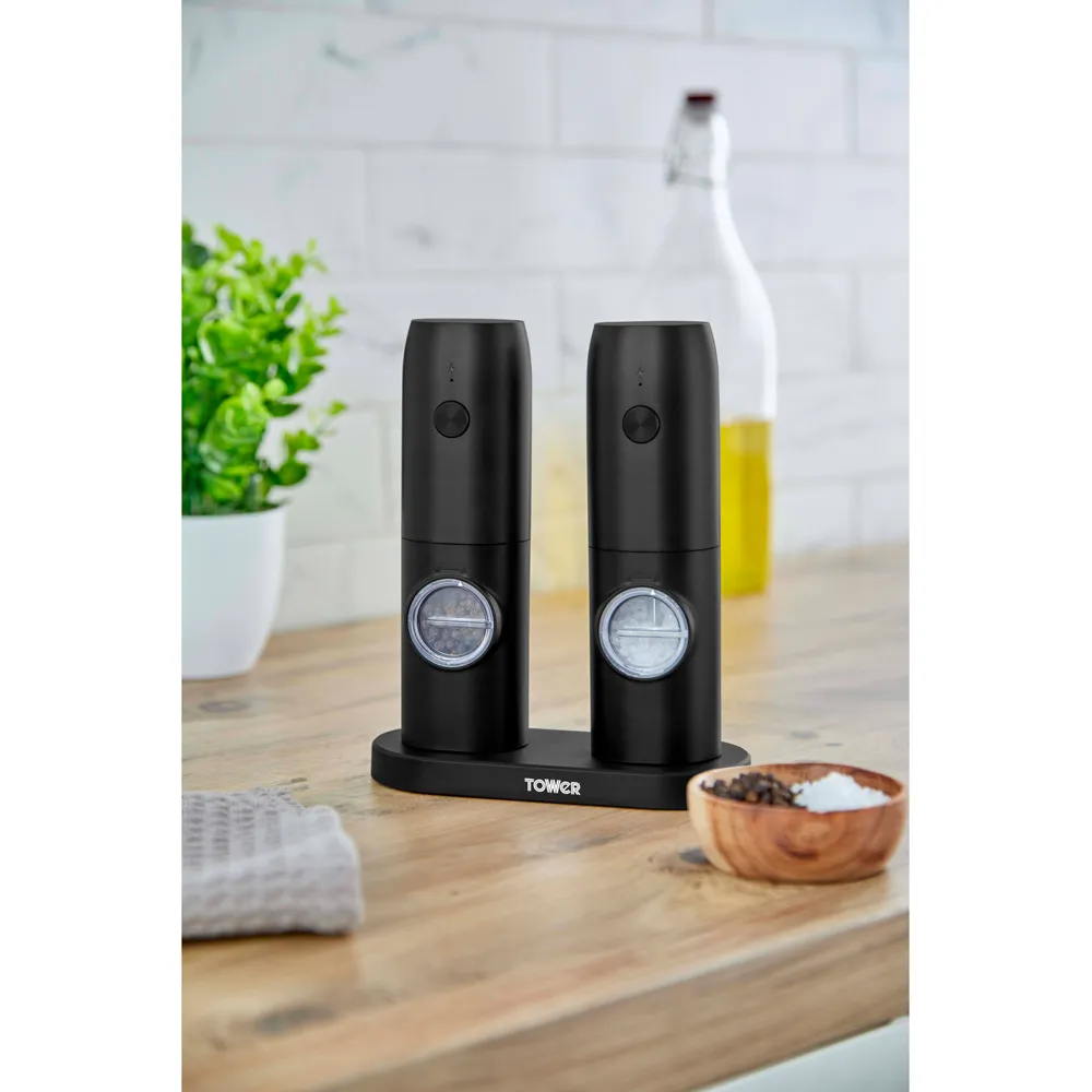 2 Piece Electronic Rechargeable Salt and Pepper Mills Set - Black
