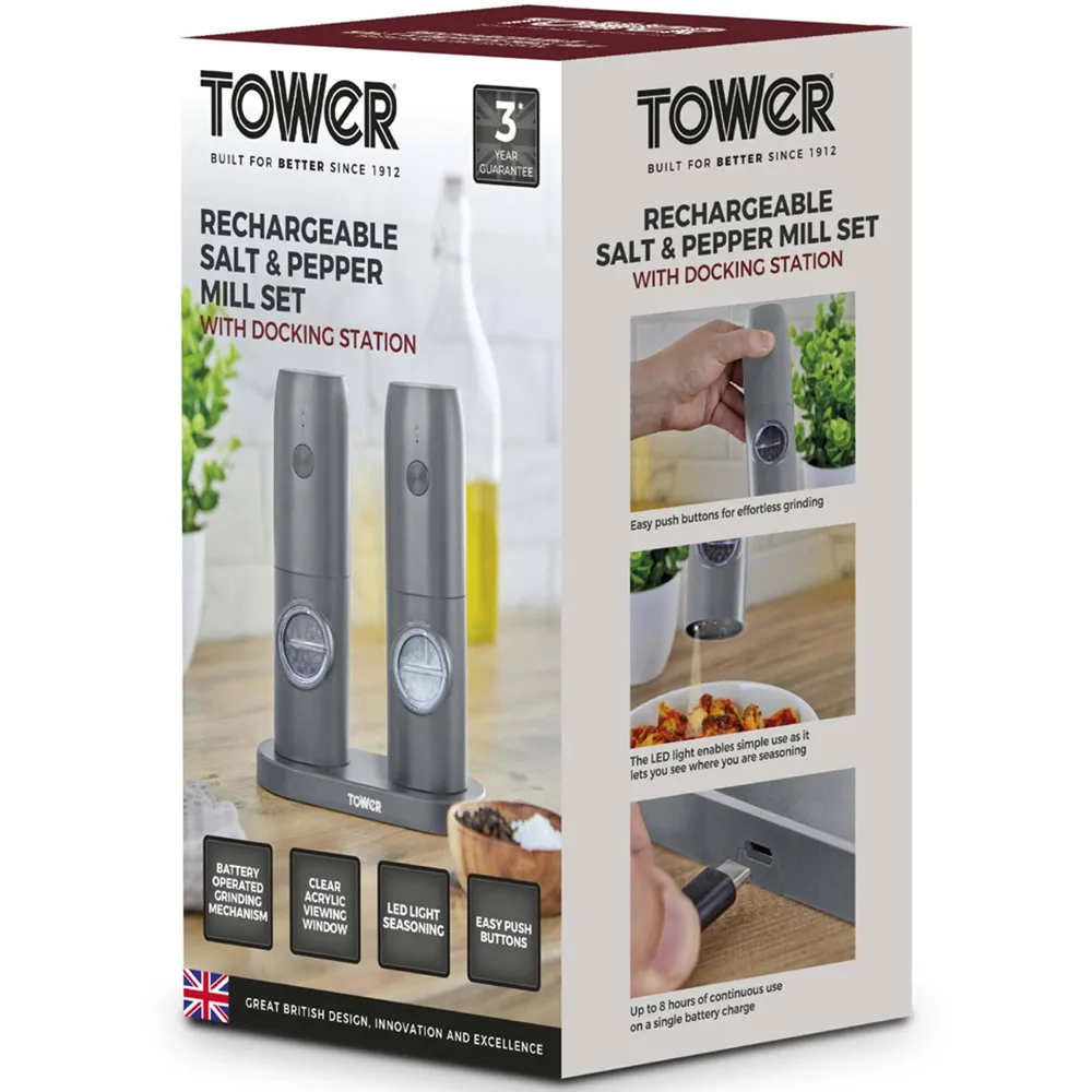 2 Piece Electronic Rechargeable Salt and Pepper Mills Set - Grey