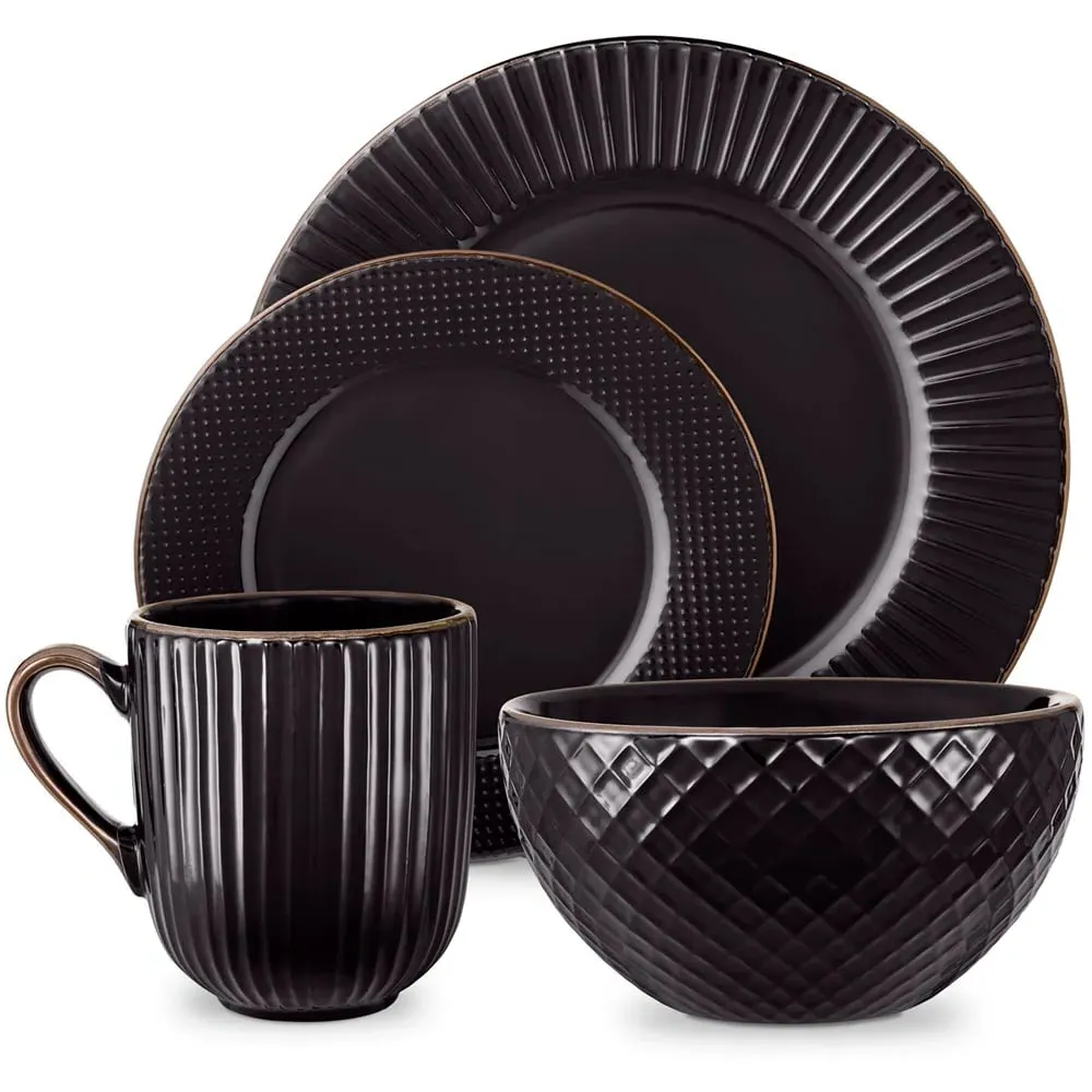 Empire 16 Piece Dinnerware Set - Black, Stoneware