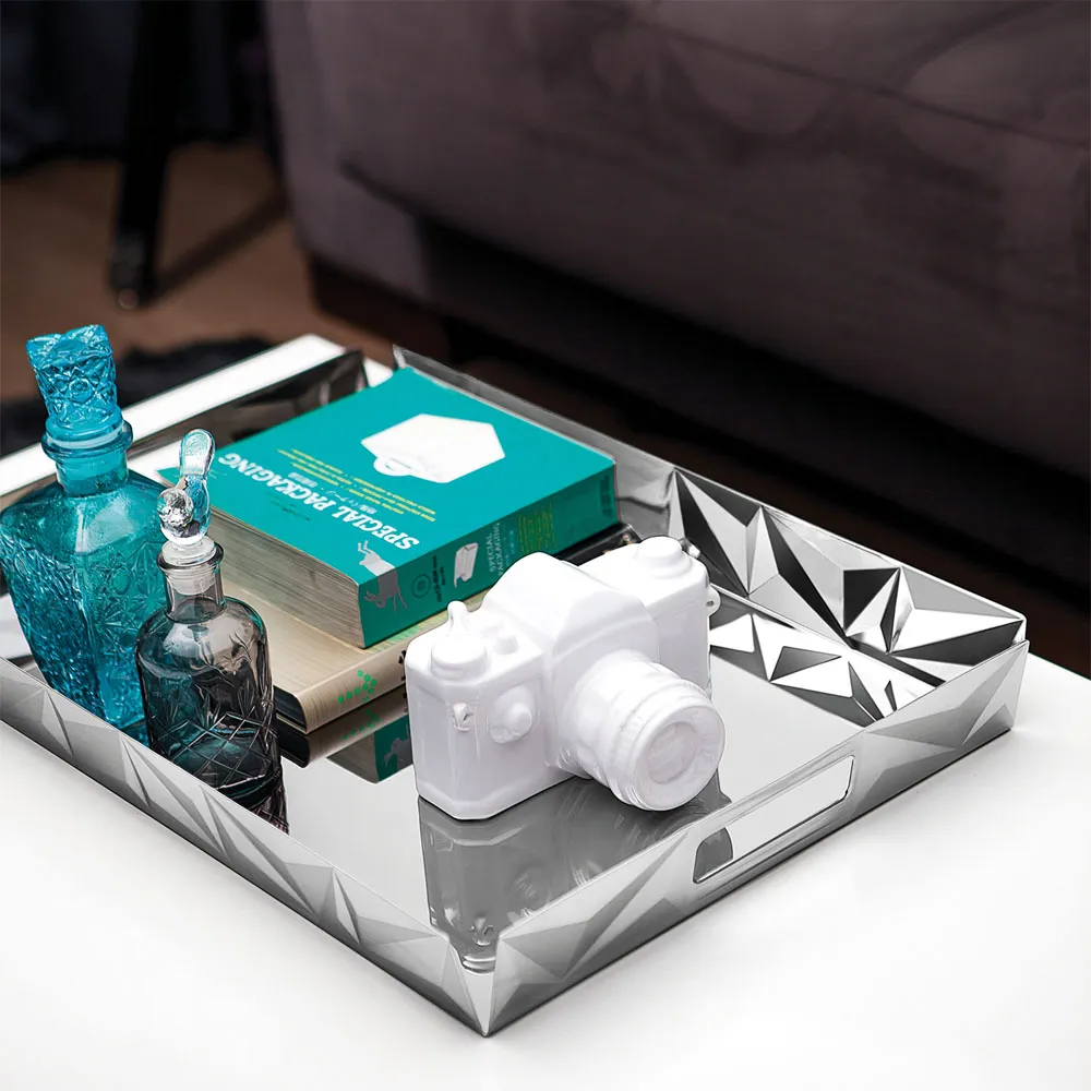 Diamond Serving Tray with Handles - Silver, Stainless Steel