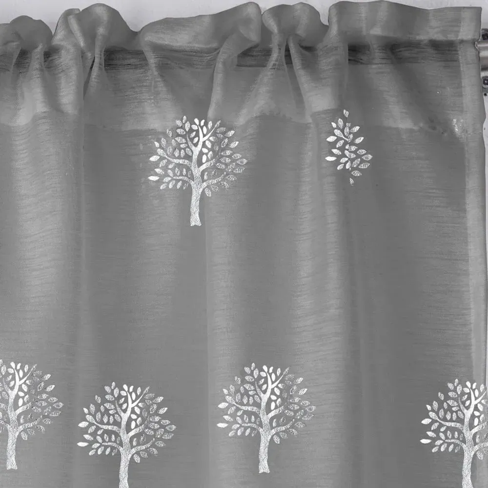 Birch Metallic Tree Print Voile Panel Curtains - Silver
