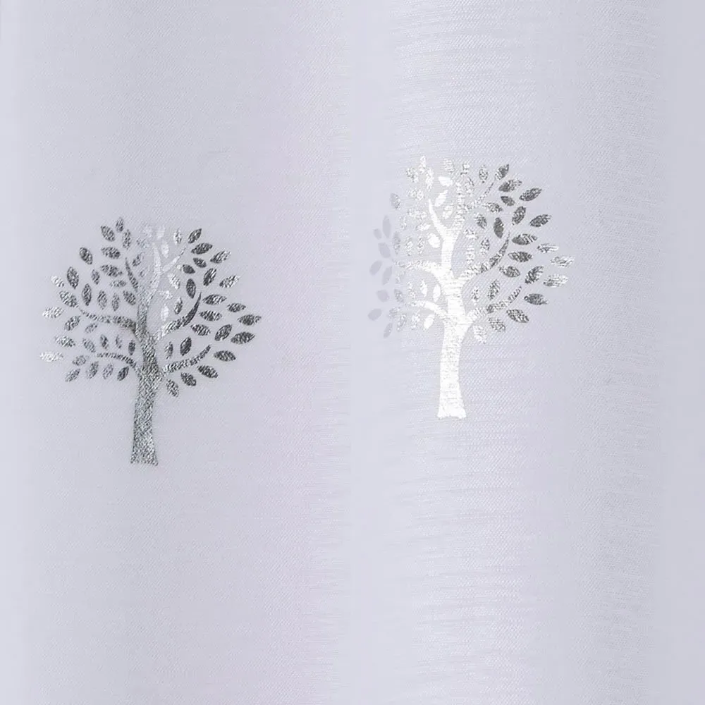Birch Metallic Tree Print Voile Panel Curtains - White