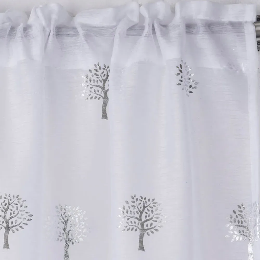 Birch Metallic Tree Print Voile Panel Curtains - White