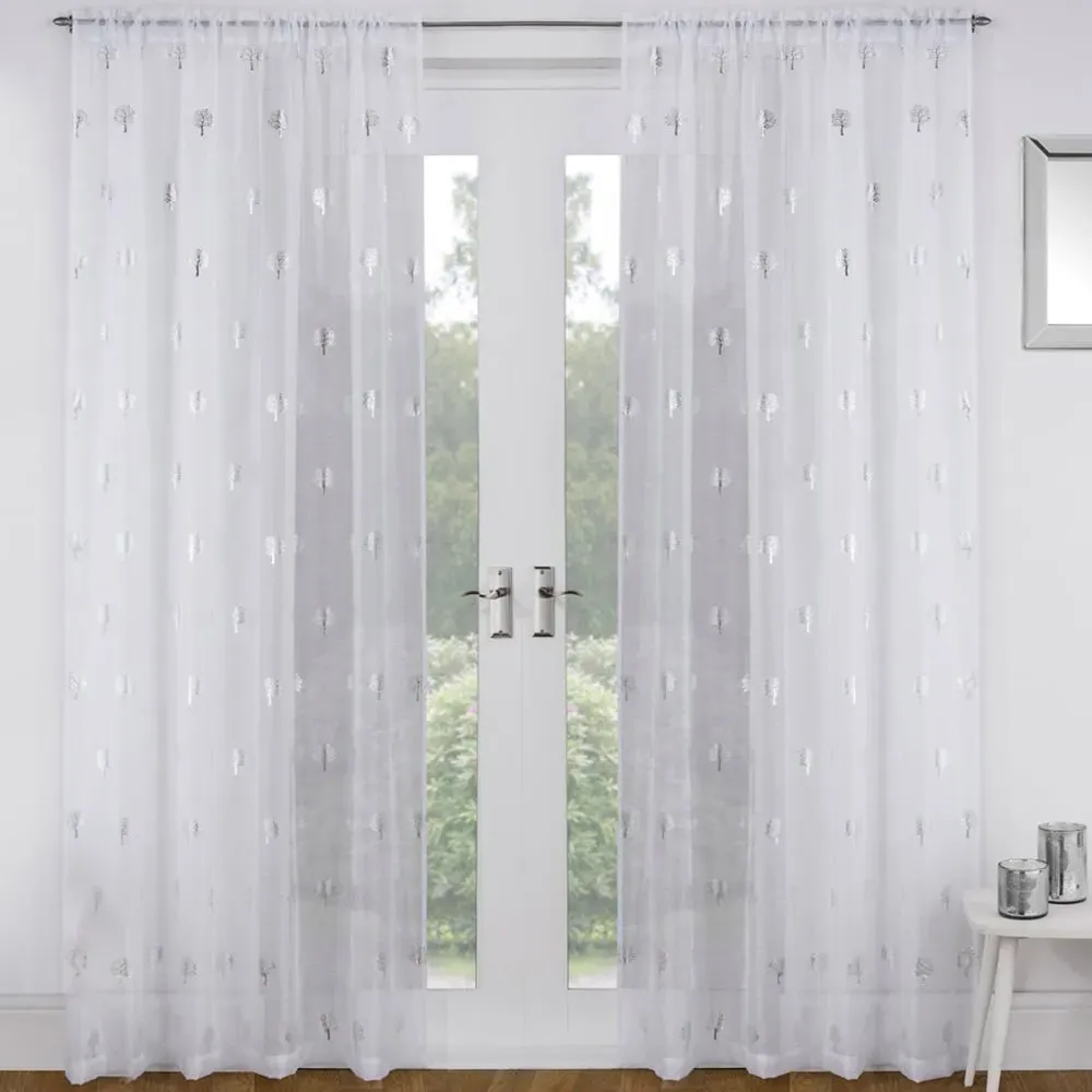 Birch Metallic Tree Print Voile Panel Curtains - White