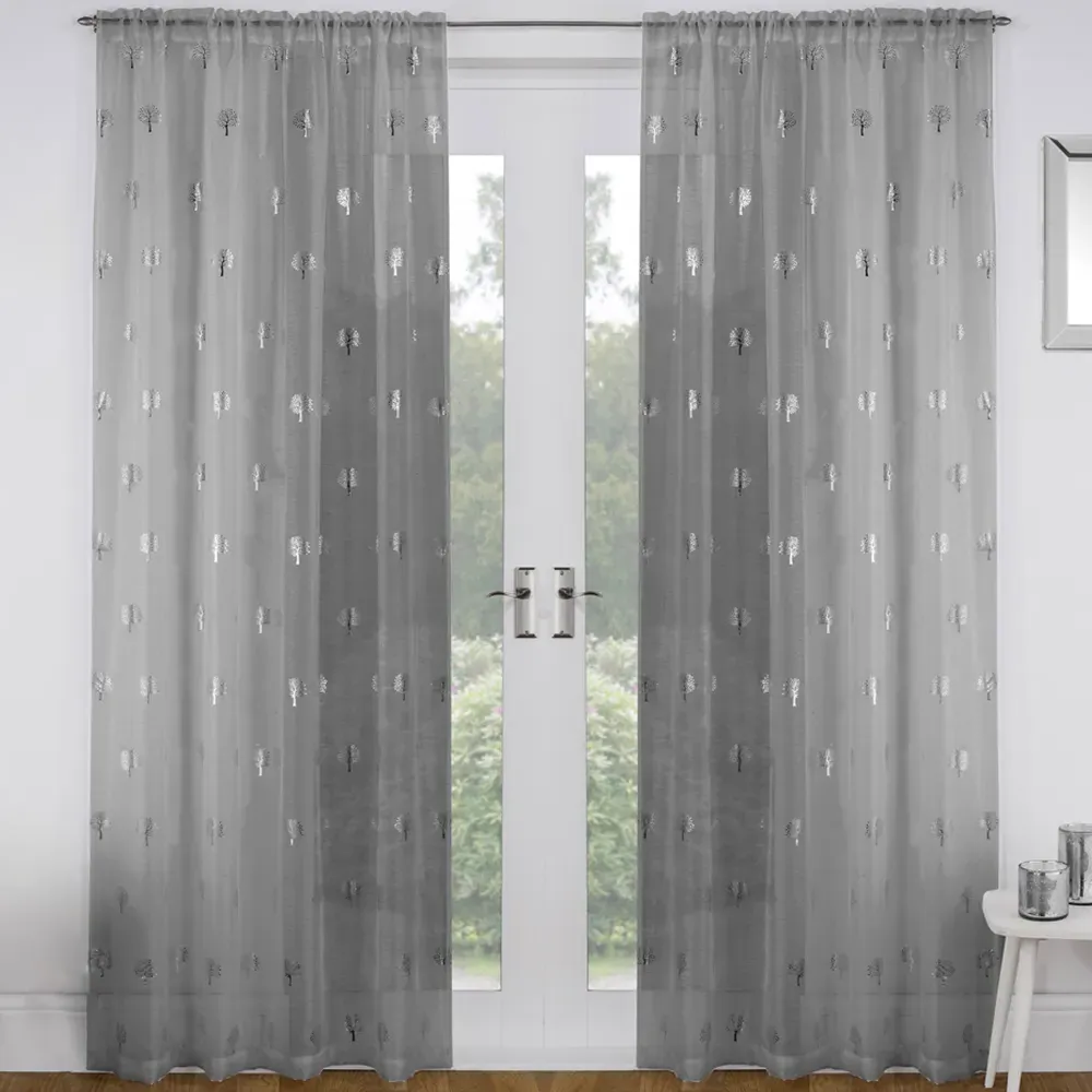 Birch Silver Metallic Tree Print Voile Panel Curtains