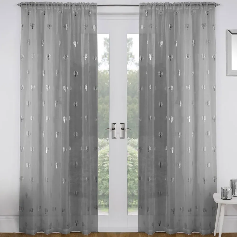 Birch Silver Metallic Tree Print Voile Panel Curtains
