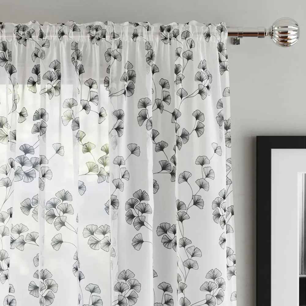 Delila Trail Leaf Print Sheer Voile Panel Curtain - Black