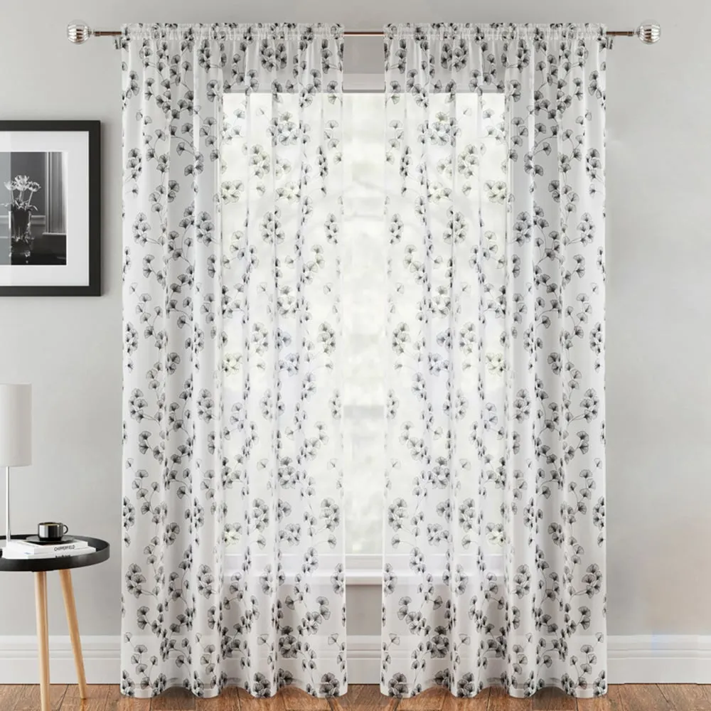 Delila Trail Leaf Print Sheer Voile Panel Curtain - Black