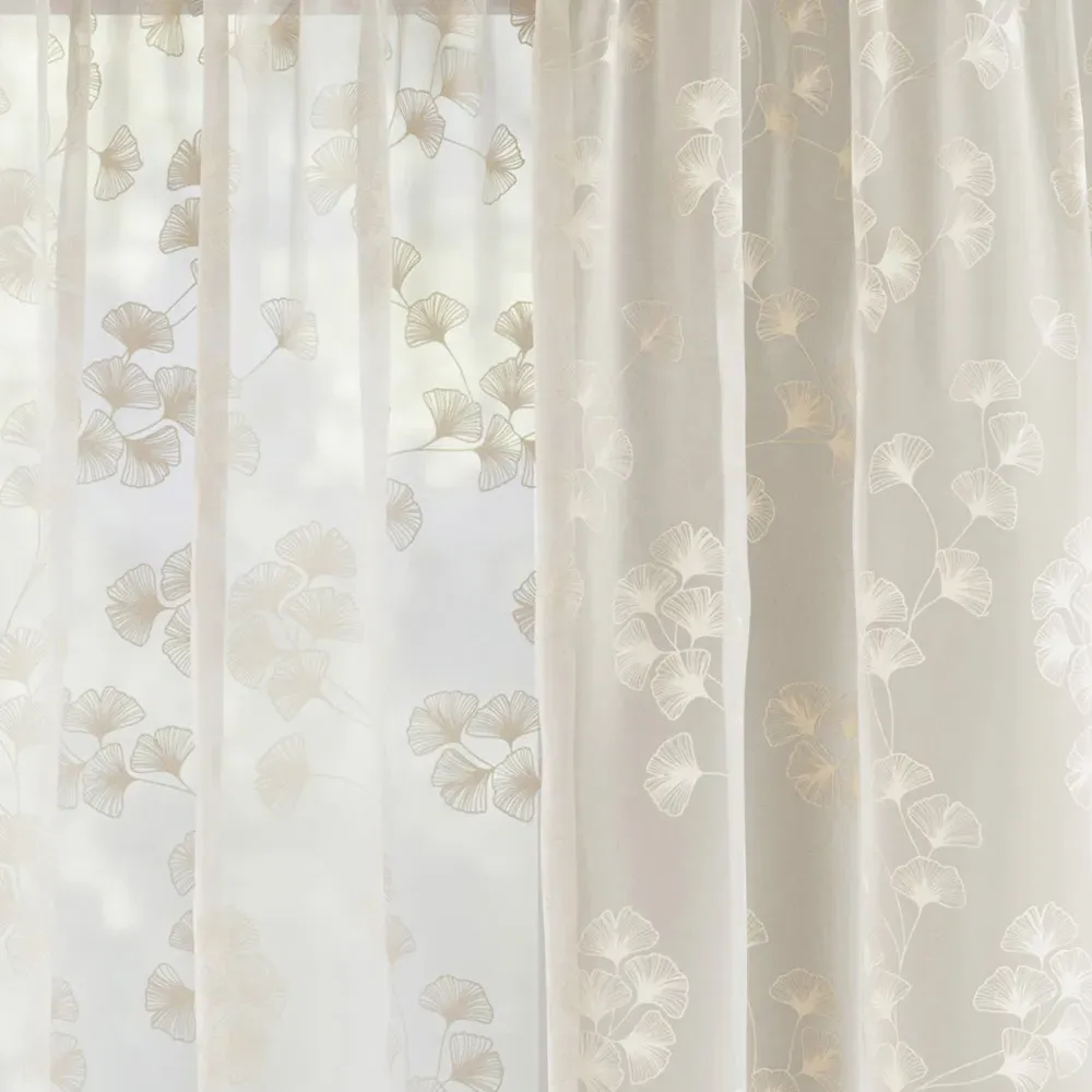 Delila Trail Leaf Print Sheer Voile Panel Curtain - Cream