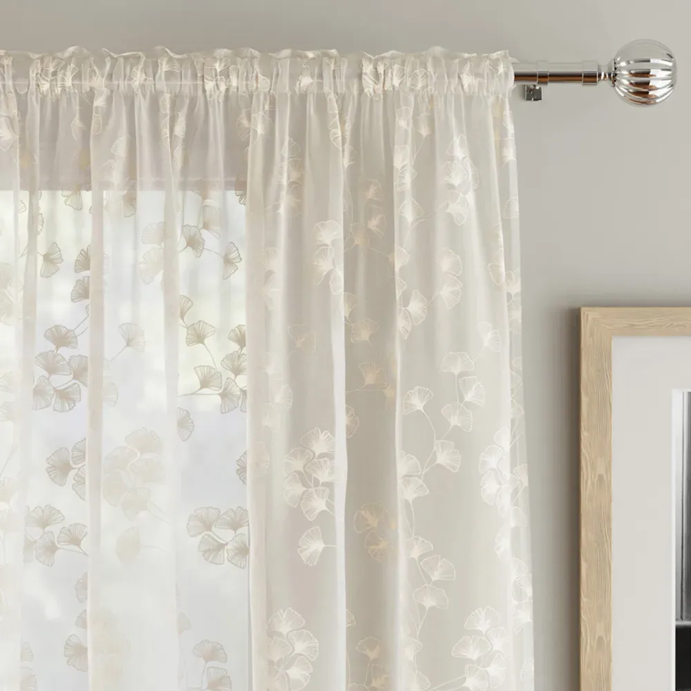 Delila Trail Leaf Print Sheer Voile Panel Curtain - Cream