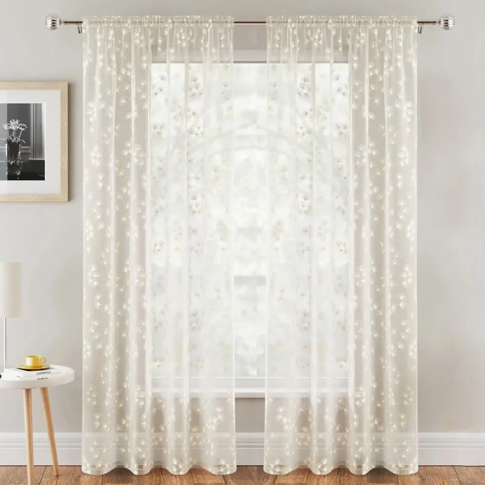 Delila Trail Leaf Print Sheer Voile Panel Curtain - Cream image