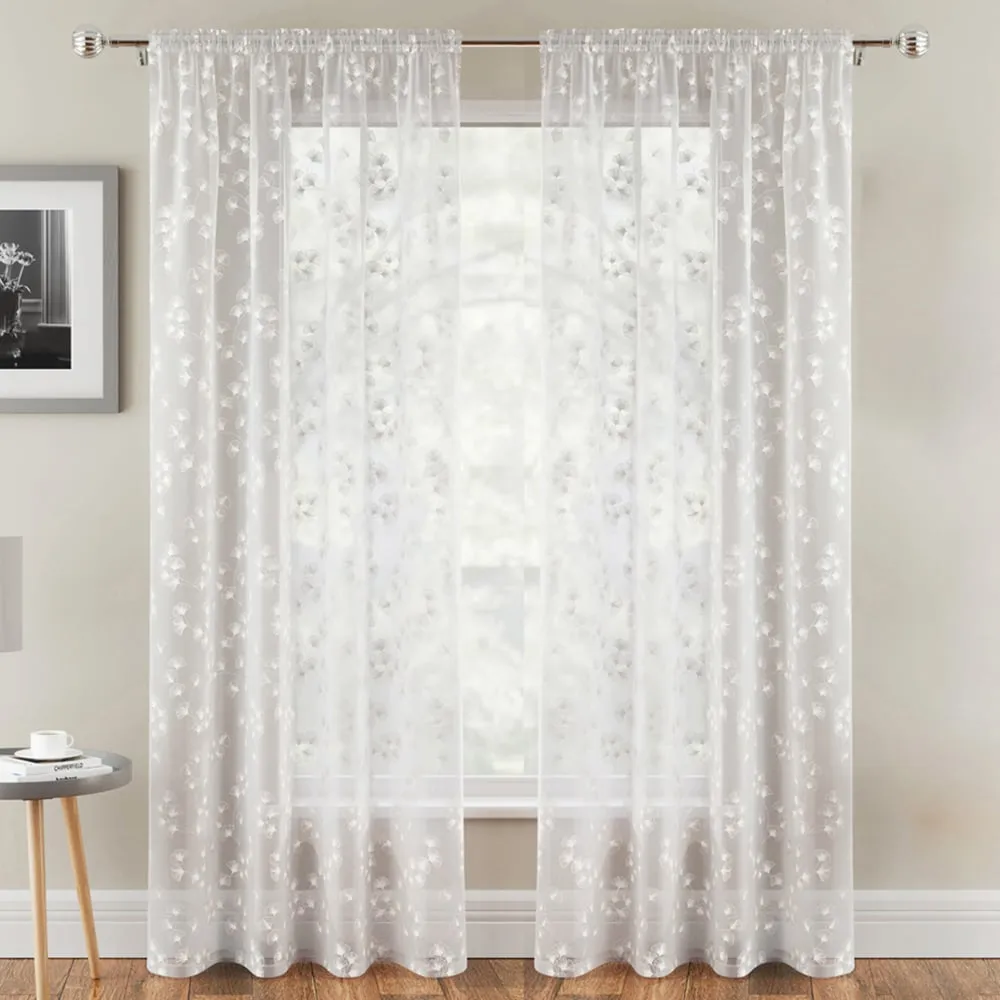 Delila Trail Leaf Print Sheer Voile Panel Curtain - White image