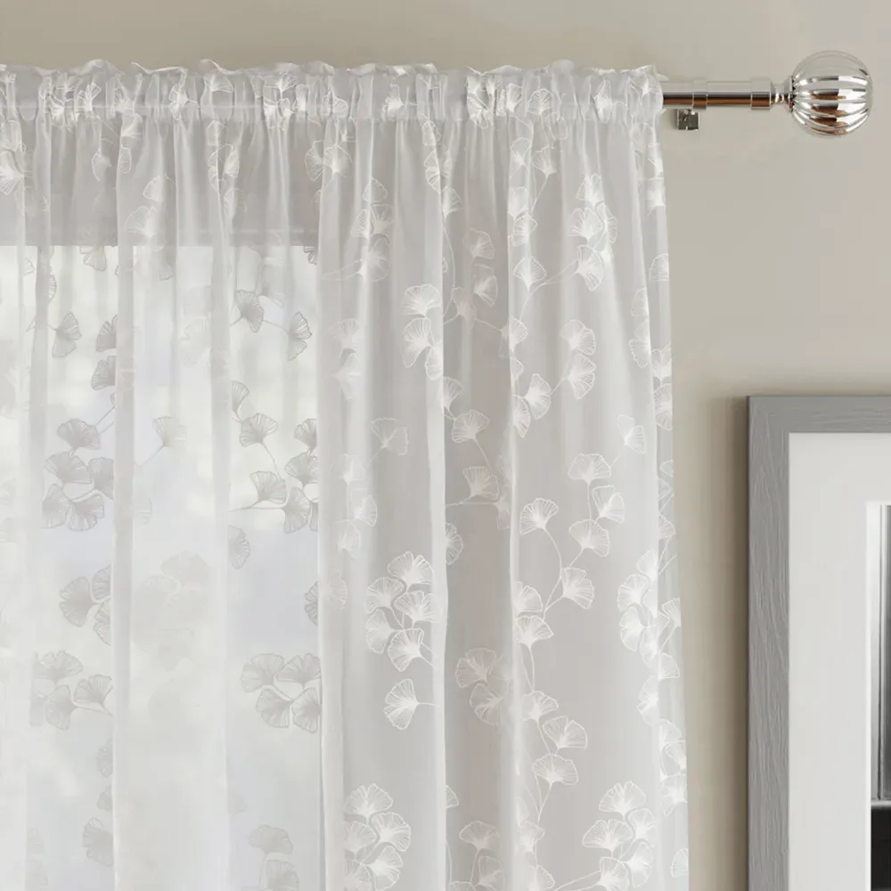Delila Trail Leaf Print Sheer Voile Panel Curtain - White