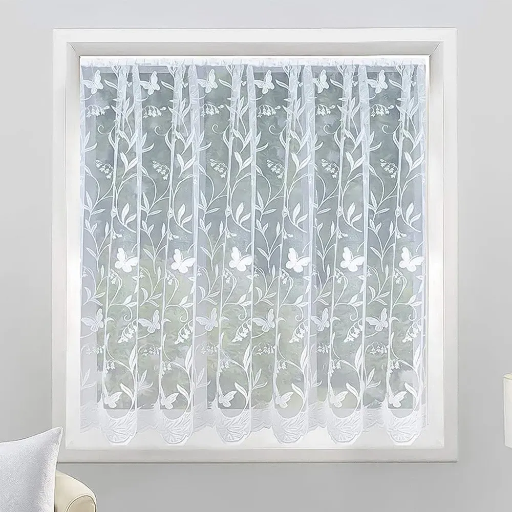 Hawaii Trailing Leaf Butterfly Pocket Header Net Curtain - White image