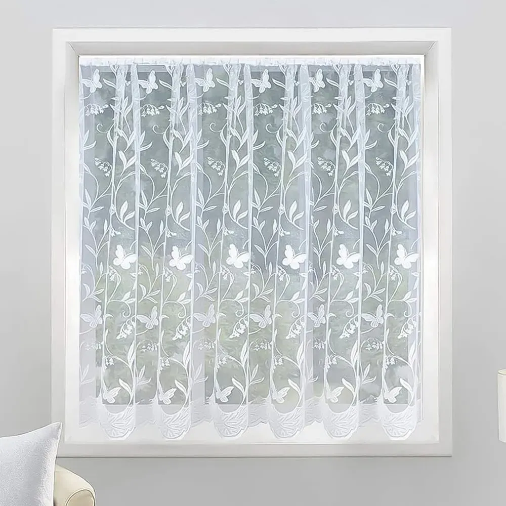 Hawaii Trailing Leaf Butterfly Pocket Header Net Curtain - White