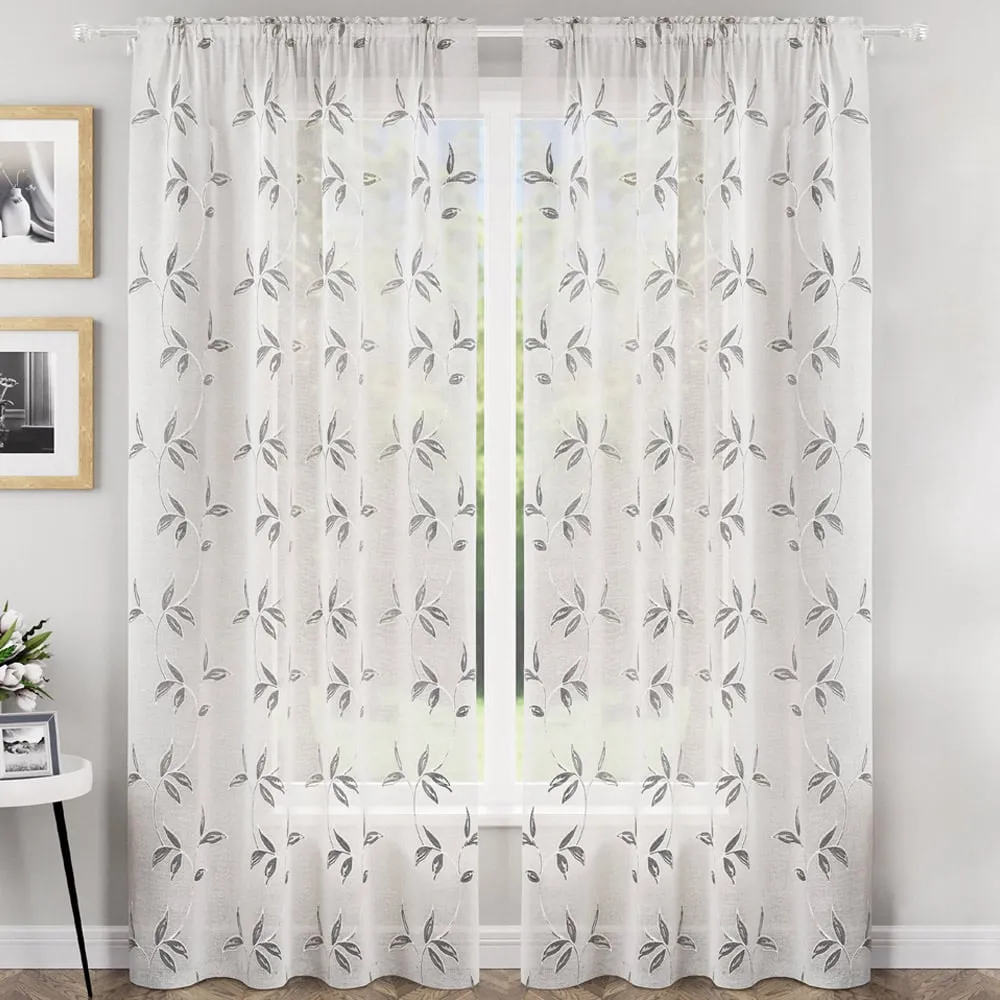 Oasis Embroidered Leaf Sheer Voile Panel - Grey