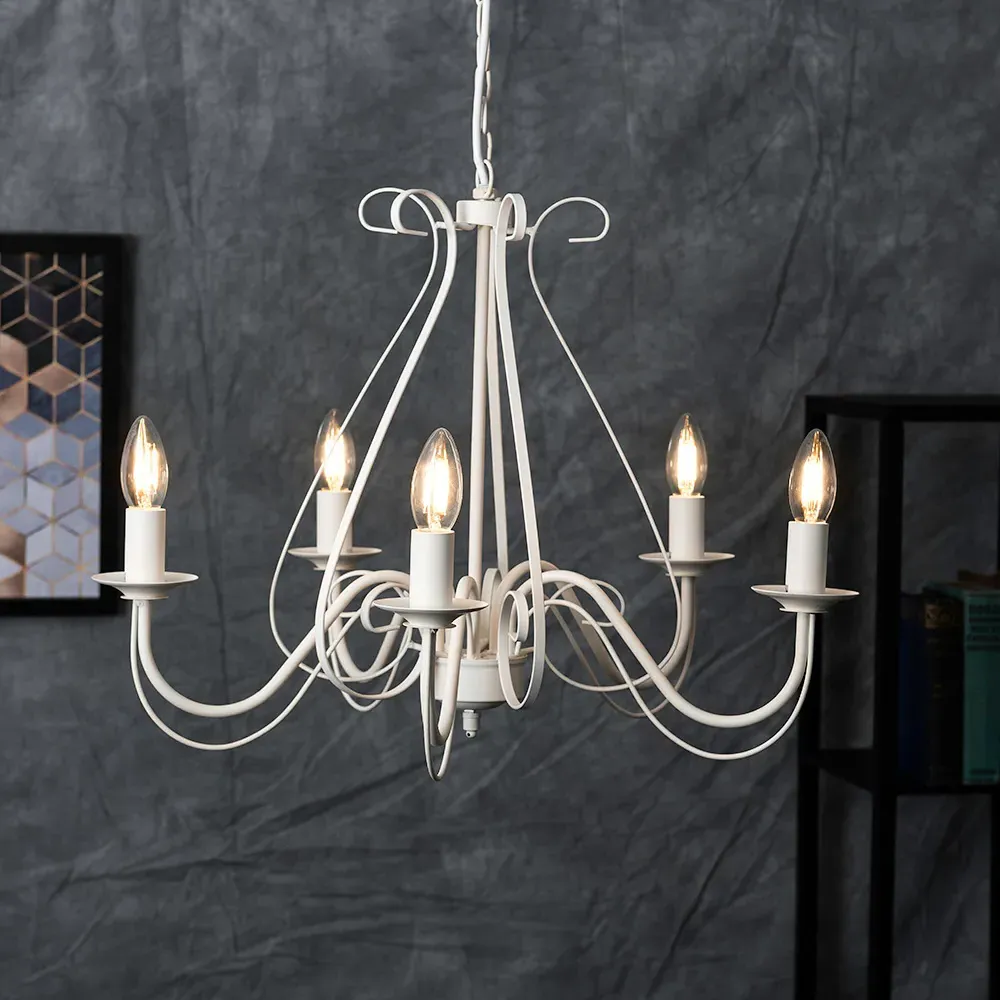 5 Way Chandelier with Curled Details - Ivory White