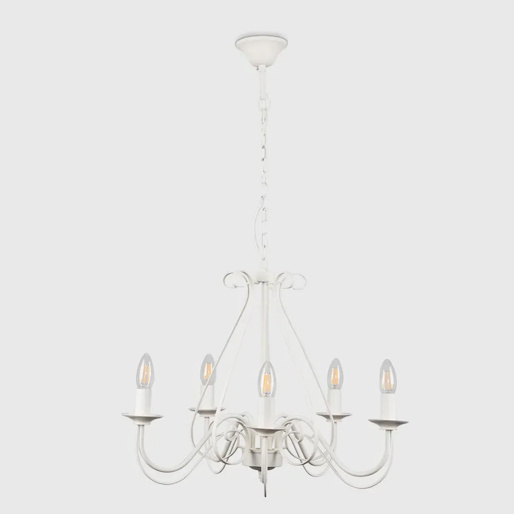 5 Way Chandelier with Curled Details - Ivory White