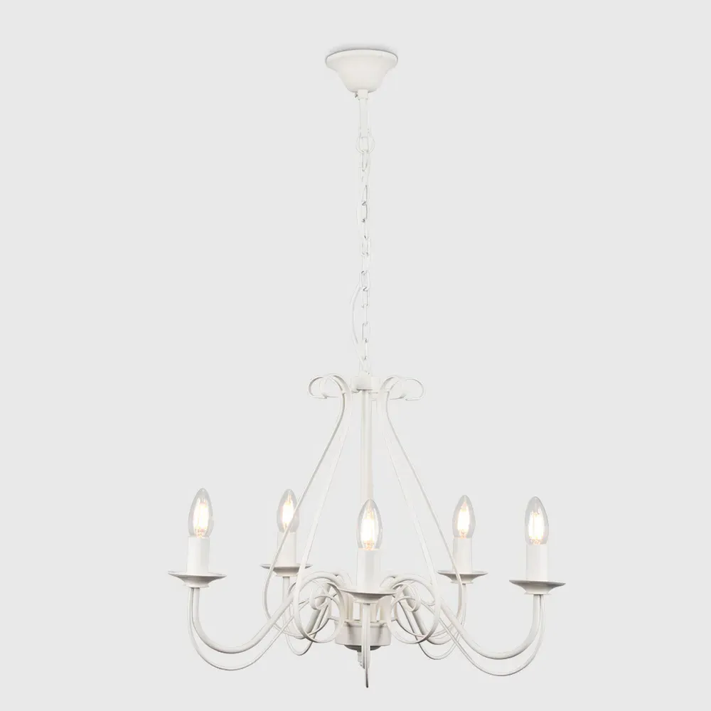 5 Way Chandelier with Curled Details - Ivory White