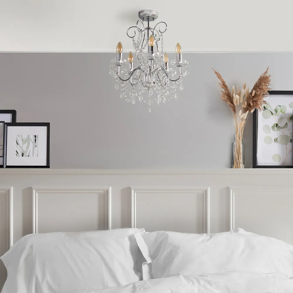 5 Way Crystal Droplet Chandelier - Silver Chrome