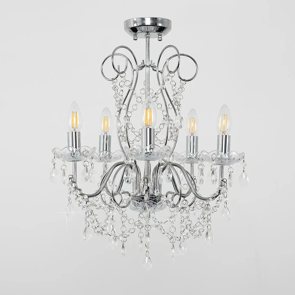 5 Way Crystal Droplet Chandelier - Silver Chrome