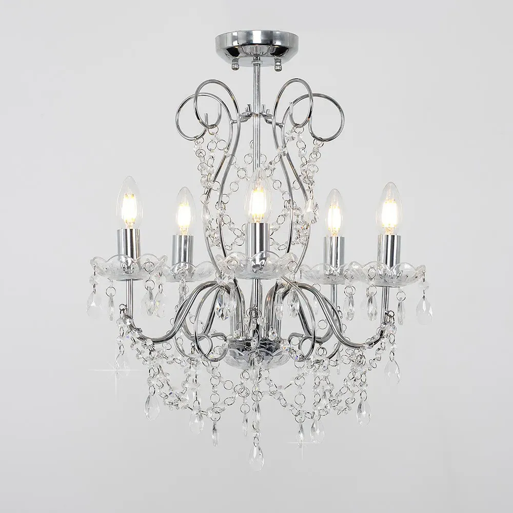 5 Way Crystal Droplet Chandelier - Silver Chrome
