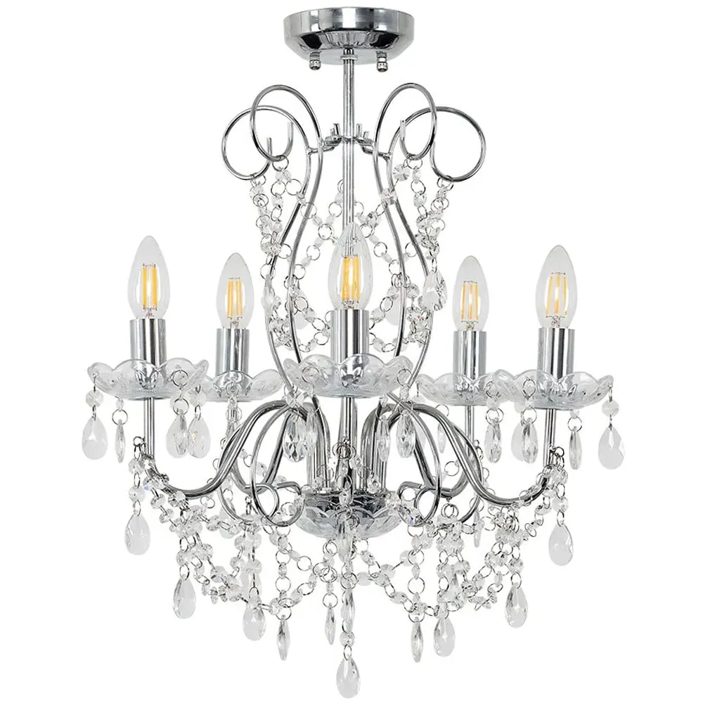 5 Way Crystal Droplet Chandelier - Silver Chrome