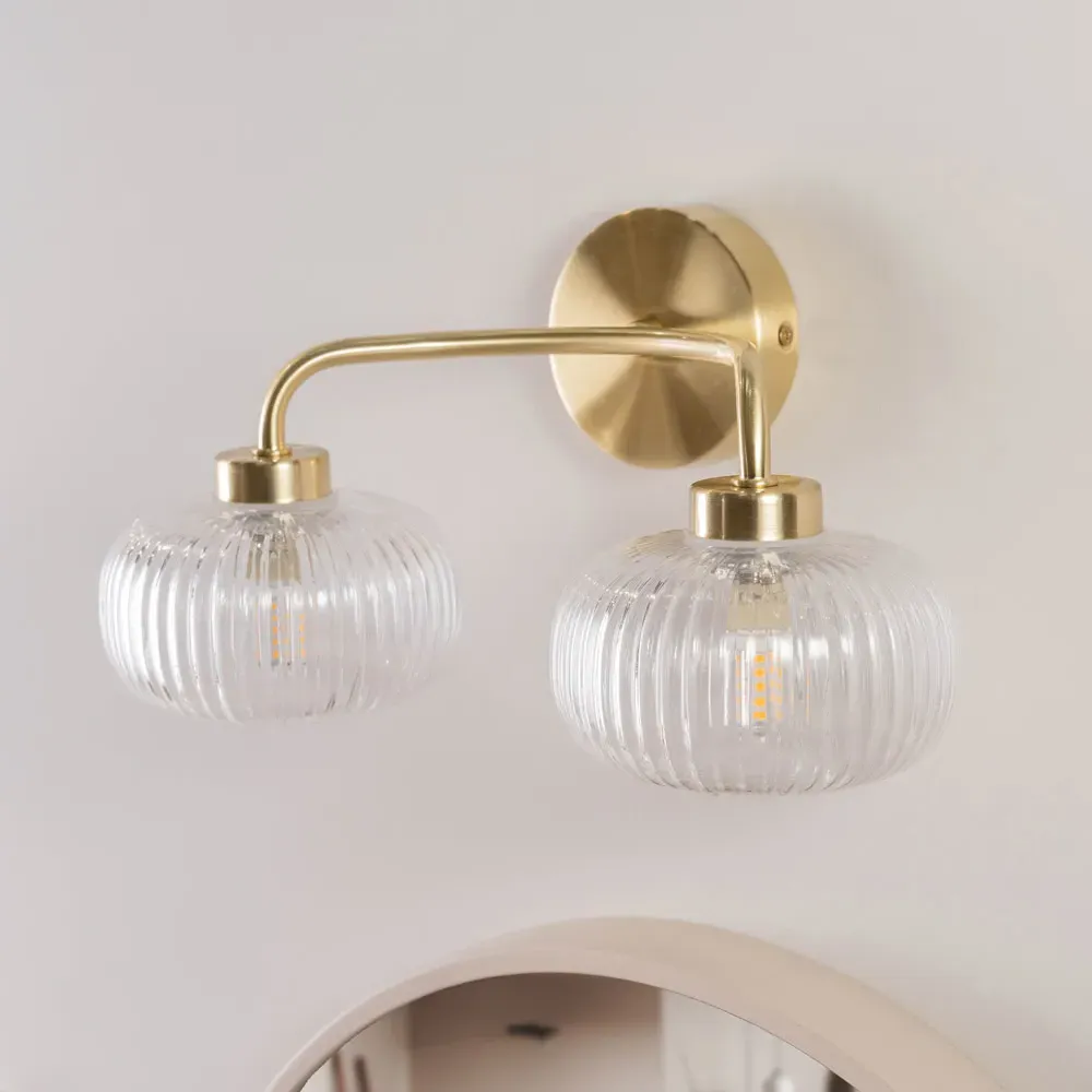 Amaia 2 Way Ribbed Glass LED Wall Light 2 Pack - Gold
